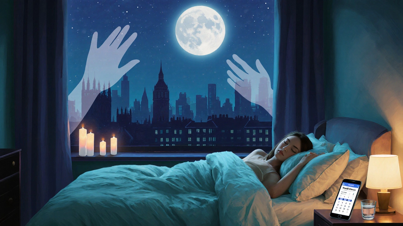 A person sleeps peacefully in a London bedroom, moonlit window showing the city skyline and a hint of a spa scene.