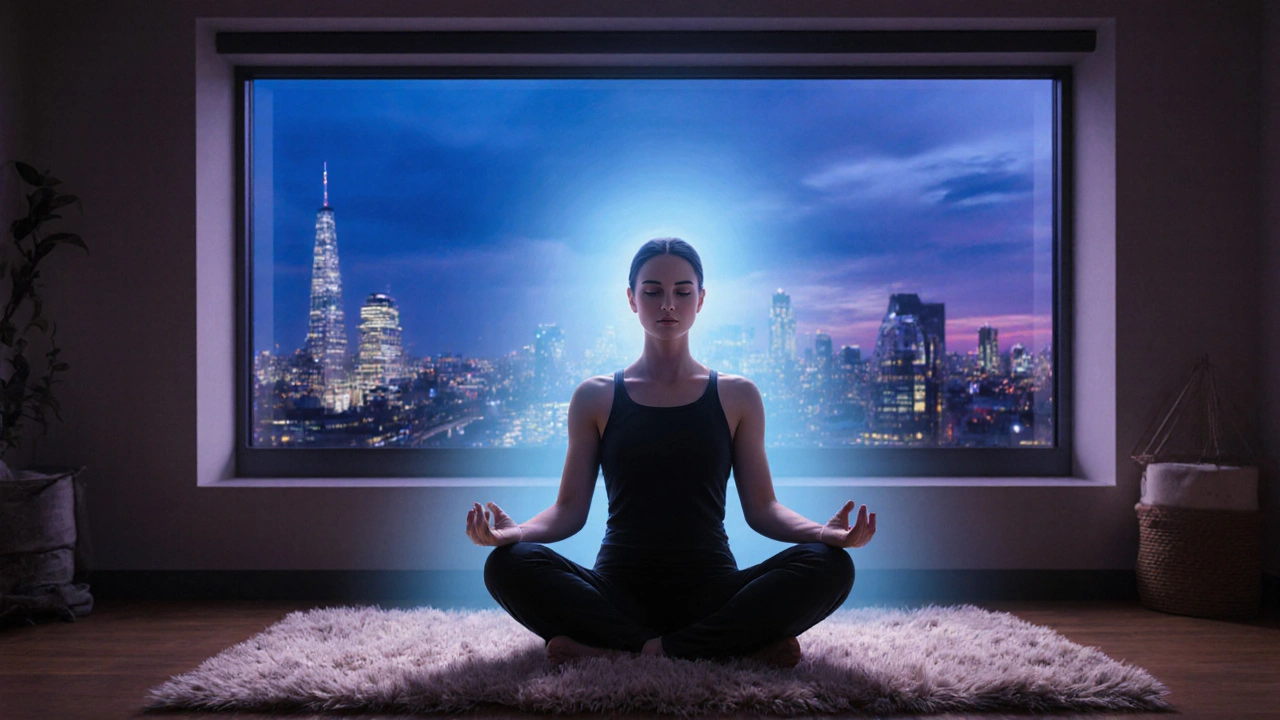 A relaxed person meditates after a head massage, with a calm aura and twilight London skyline behind.