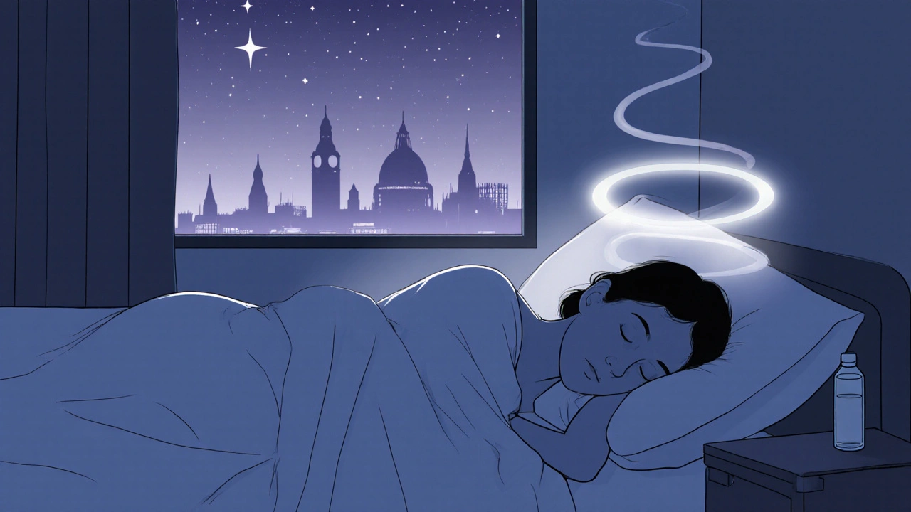 A relaxed person sleeping soundly in bed, surrounded by a soft glow, after a Swedish massage.