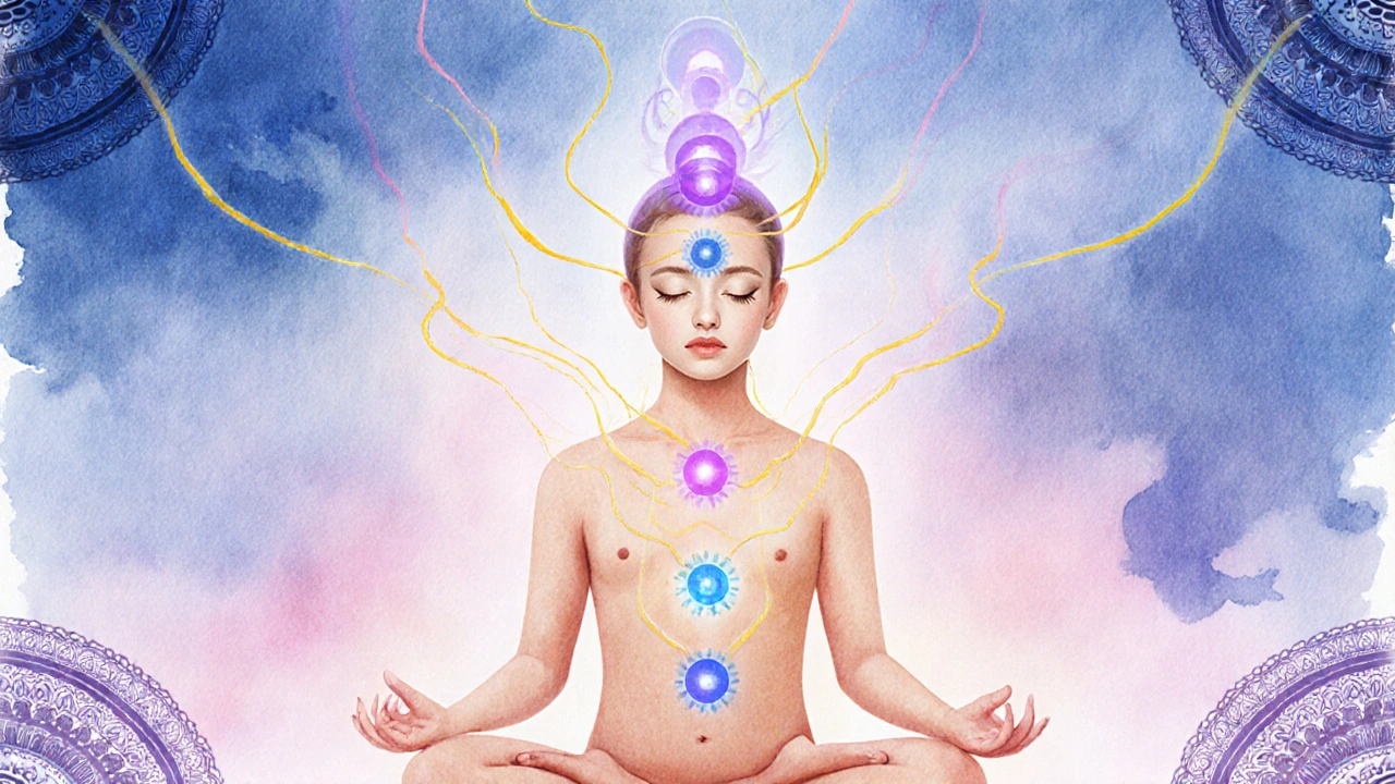 A seated figure with glowing chakra points on the scalp and flowing prana illustrated in watercolor.