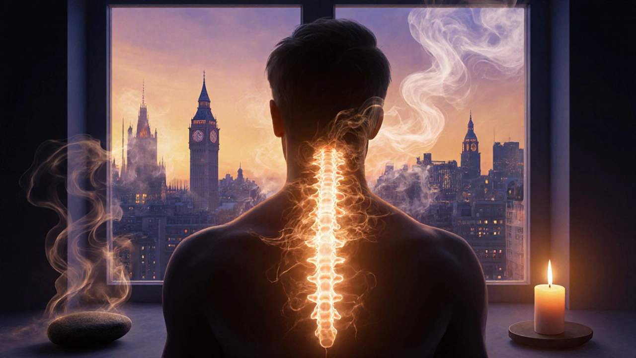 An artistic depiction of stress melting away from the body into calming waves, with a hot stone and candle.