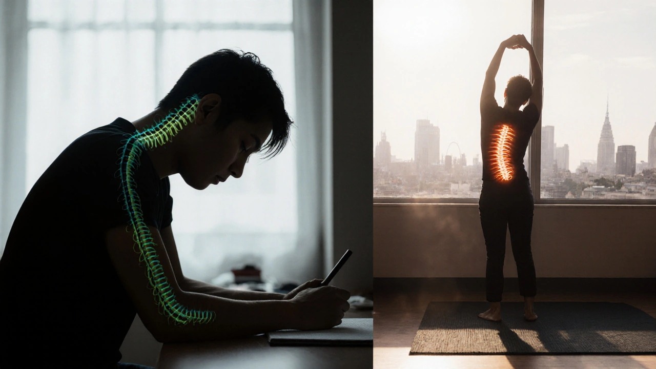 Before-and-after visual of someone transforming from hunched tension to upright relaxation.