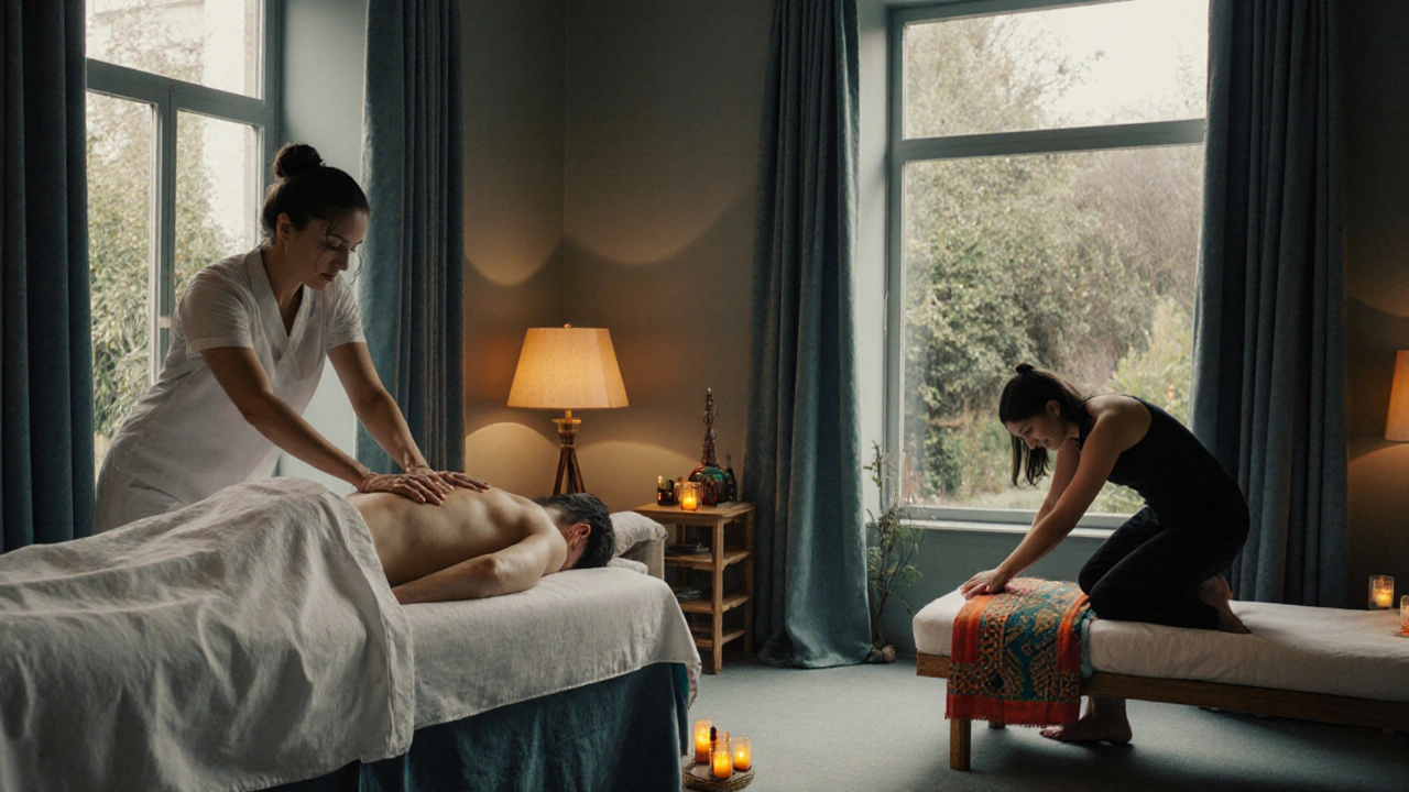 Boutique spa interior showing Swedish and Thai massage sessions with warm lighting.