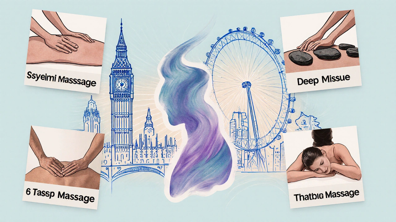 Collage of five London massage styles with a faint city map in the background.