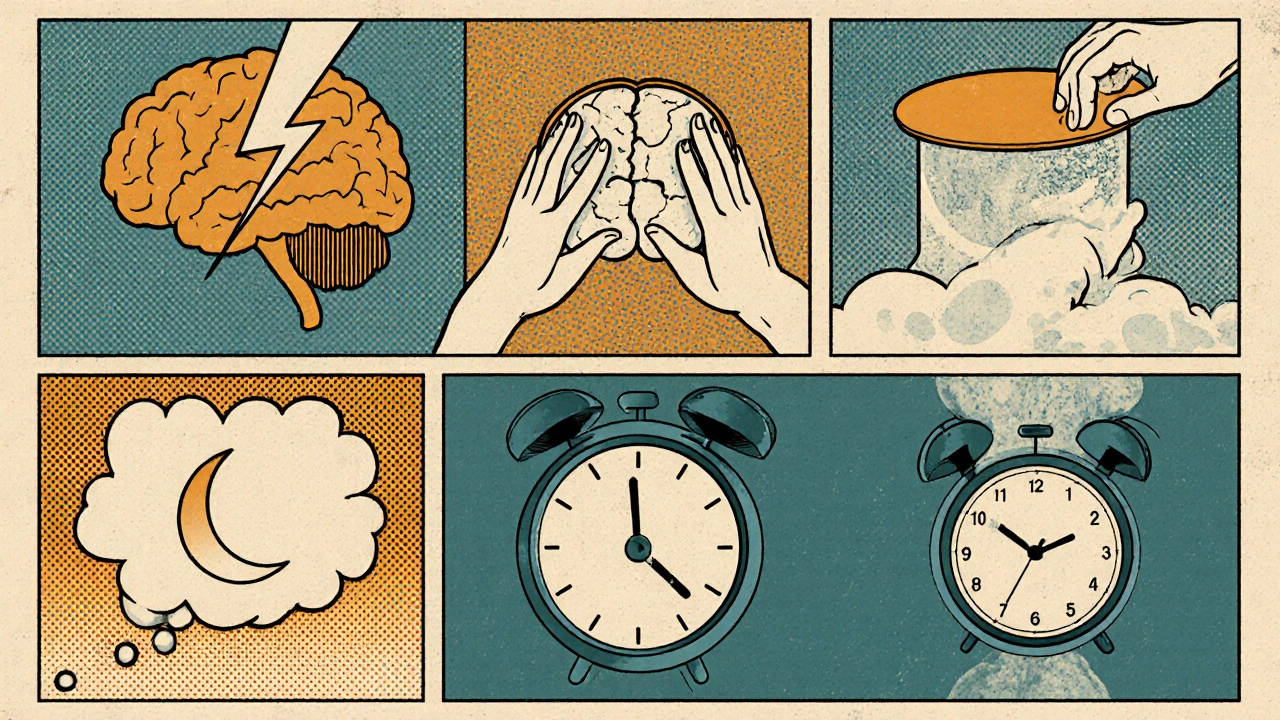 Comic book style illustration showing five benefits of head massage as symbolic scenes: calming stress, dissolving headache, improving sleep, boosting focus, and affordable price.
