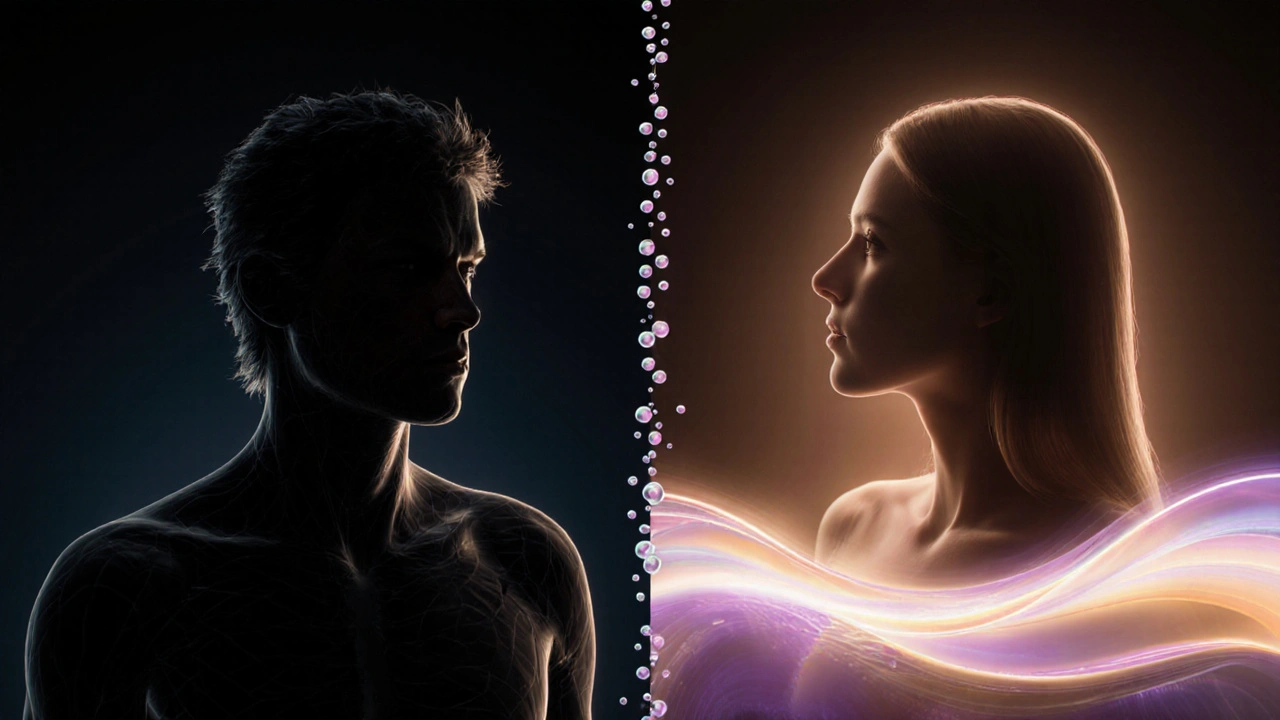 Contrasting image of a stressed silhouette versus a relaxed one, symbolizing the physiological shift from tension to calm.