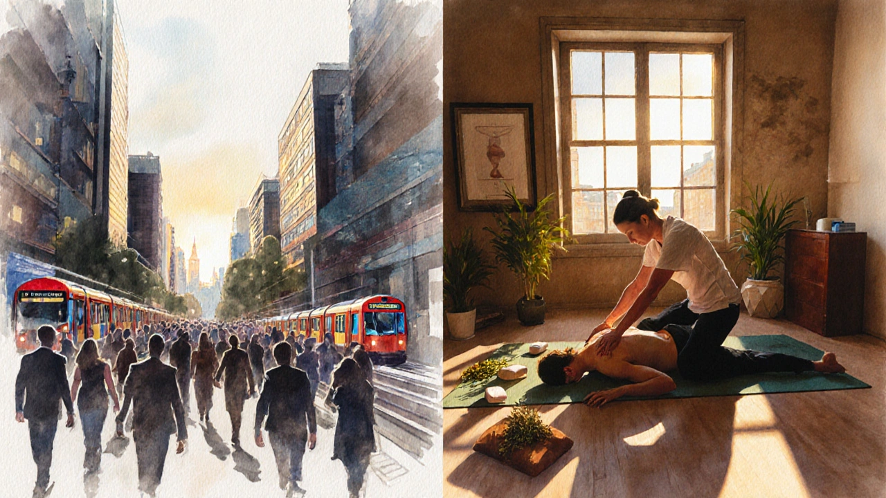 Contrasting scene of busy London city life versus a peaceful Thai massage room with soft light and herbal compresses.