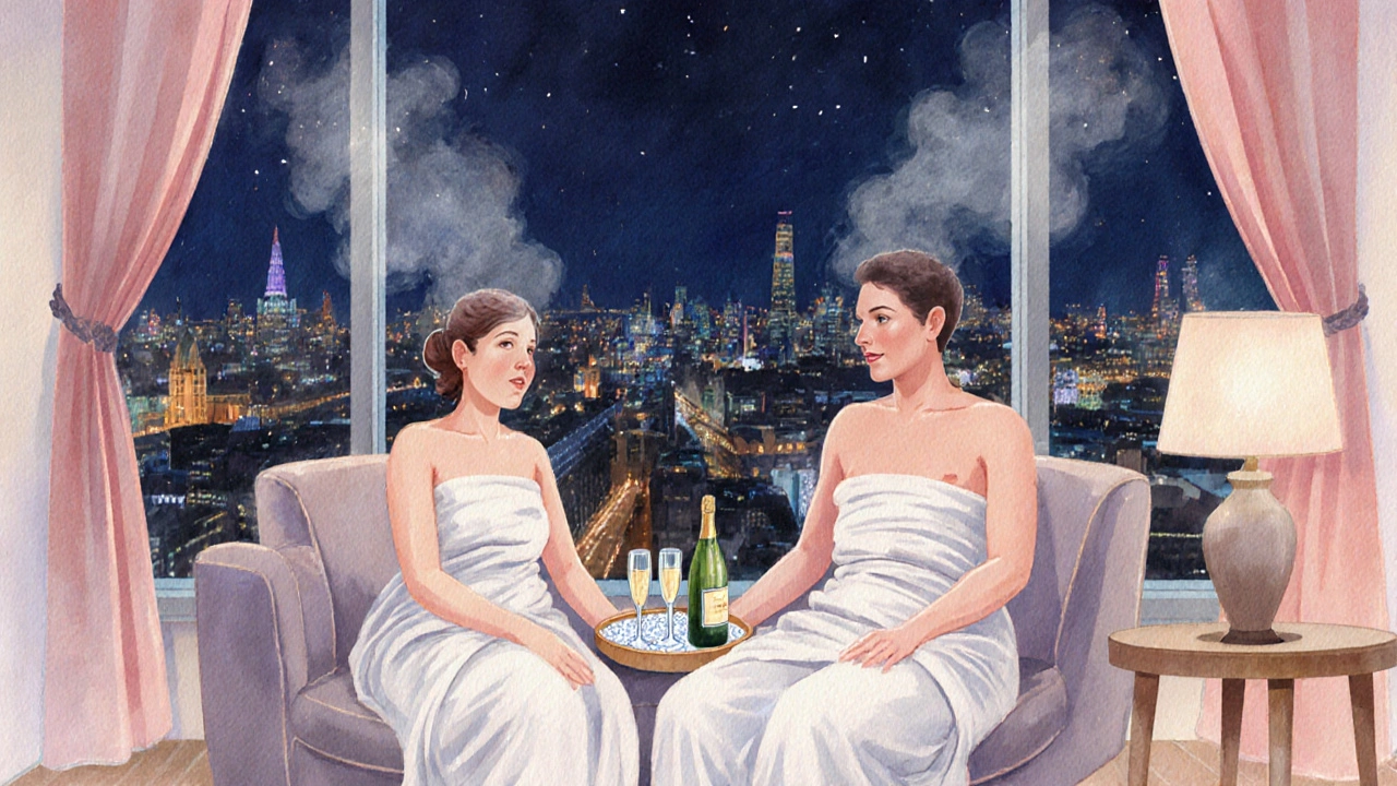 Couple relaxing after massage, sipping champagne beside a window showing London lights.