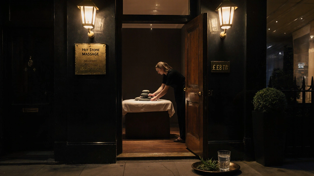 Cozy spa entrance at night with warm lighting and hints of treatment inside.