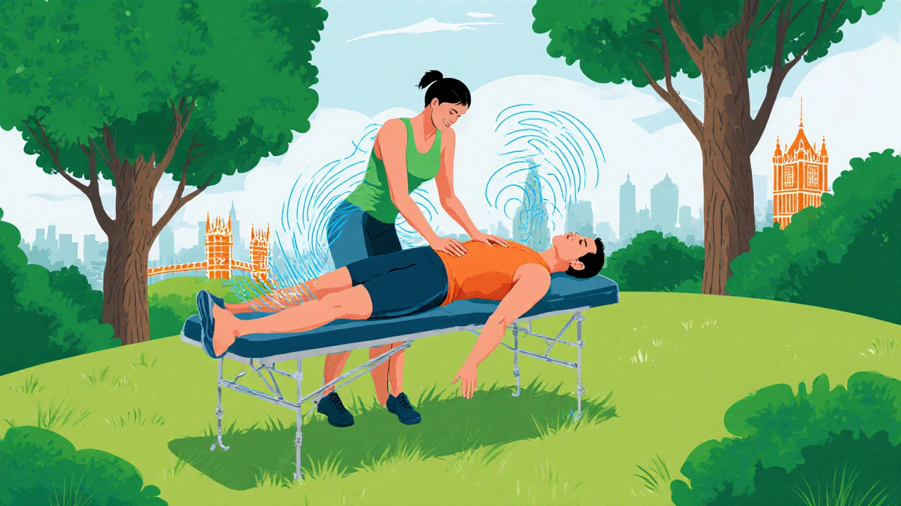 Cyclist receiving a sports massage in Hyde Park as therapist uses deep‑tissue techniques.