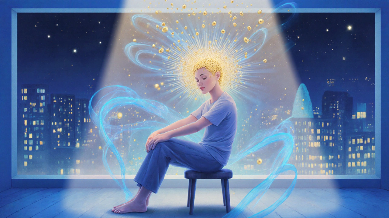 Dreamy scene of a smiling person surrounded by golden endorphin particles after a massage.