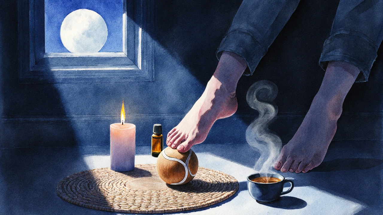 Feet being rolled on a tennis ball beside a candle and oil bottle in a peaceful nighttime setting.