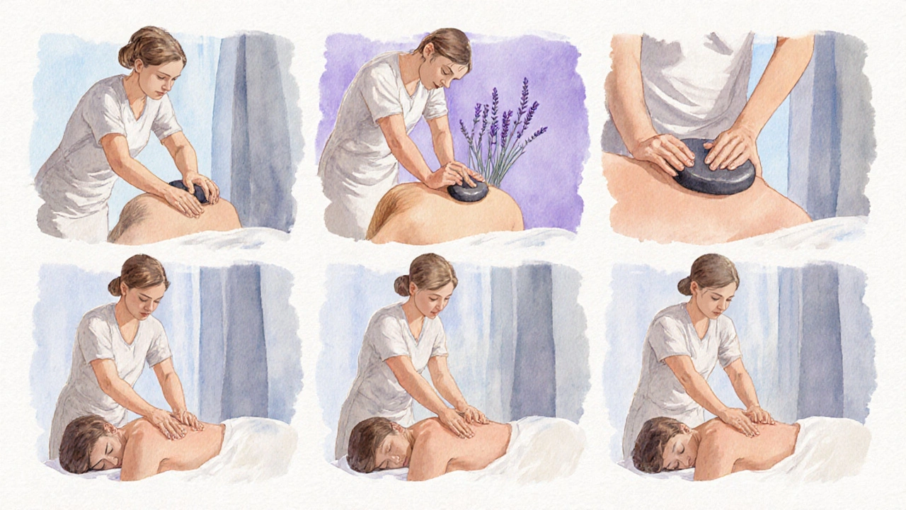 Five therapists demonstrate Swedish, deep‑tissue, aromatherapy, hot‑stone, and lymphatic drainage massages.