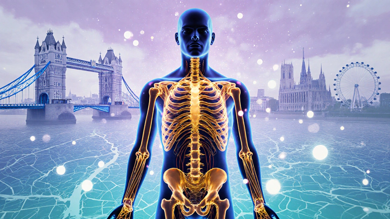 Floating figure over a stylized London map, glowing veins and energy lines showing holistic balance.