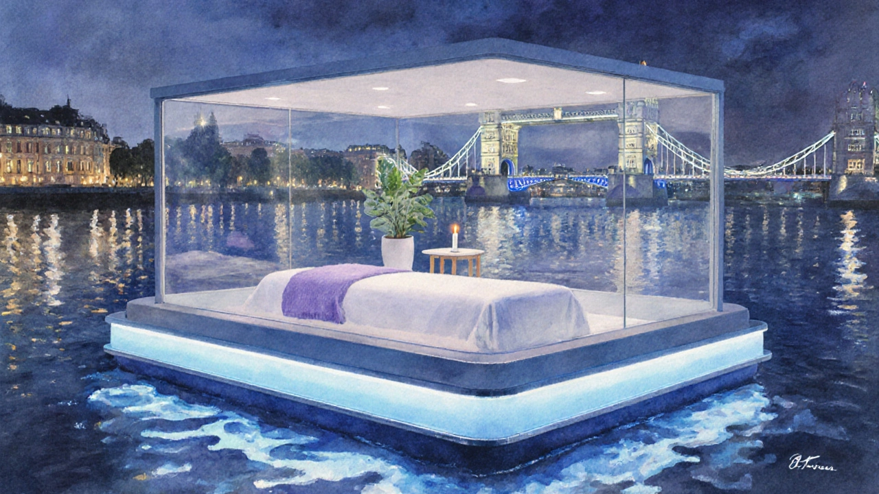 Floating platform on the Thames with glowing lights and city reflections.