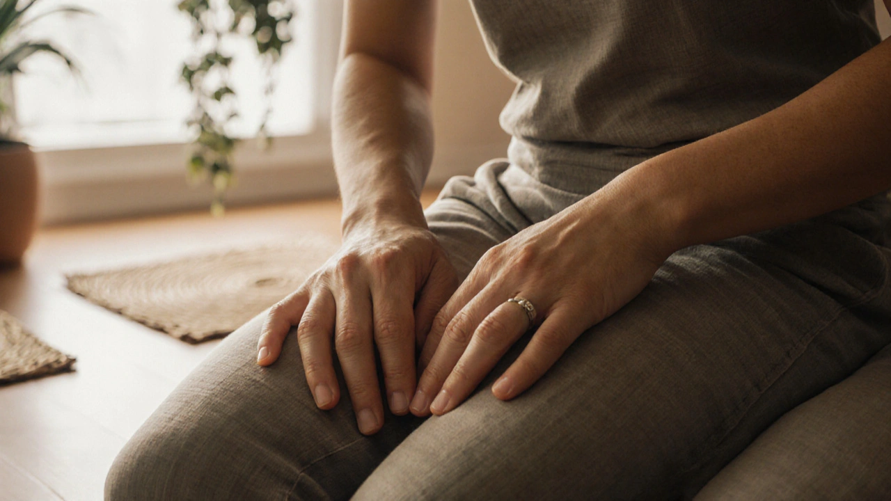 Hands applying deep, rhythmic pressure along the inner thigh during an authentic Thai massage.
