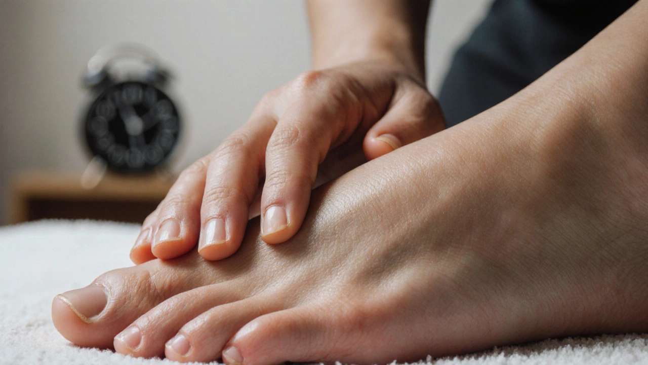 Hands applying pressure to the arch and ball of a bare foot during a reflexology massage.