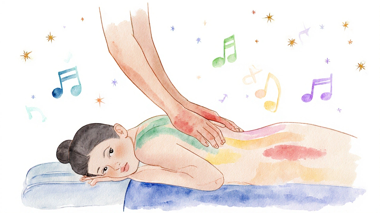 Illustration of a therapist’s hands demonstrating the five Swedish massage strokes on a client.