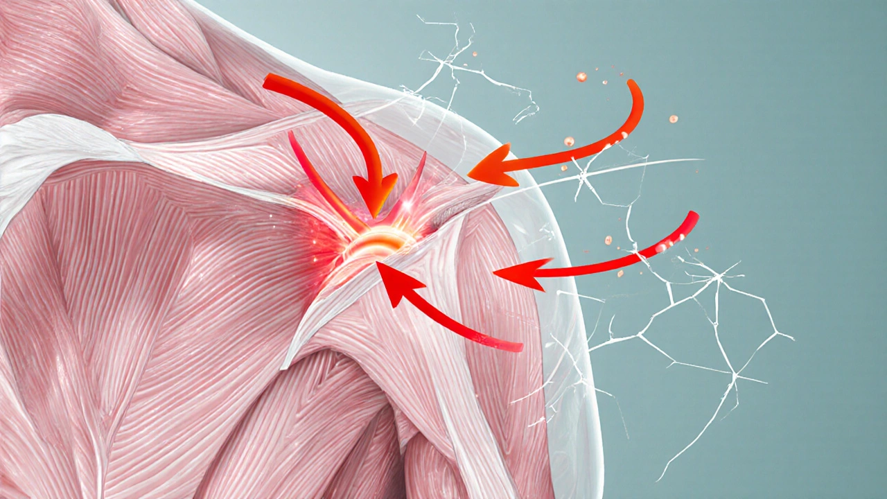 Illustration of muscle fibers, blood flow arrows, and broken adhesion lines with glowing endorphins.