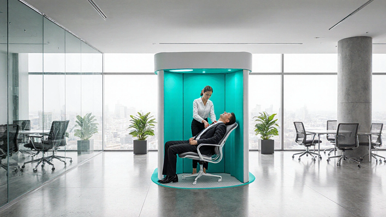Modern office lobby with a pop‑up chair massage station serving a relaxed professional.
