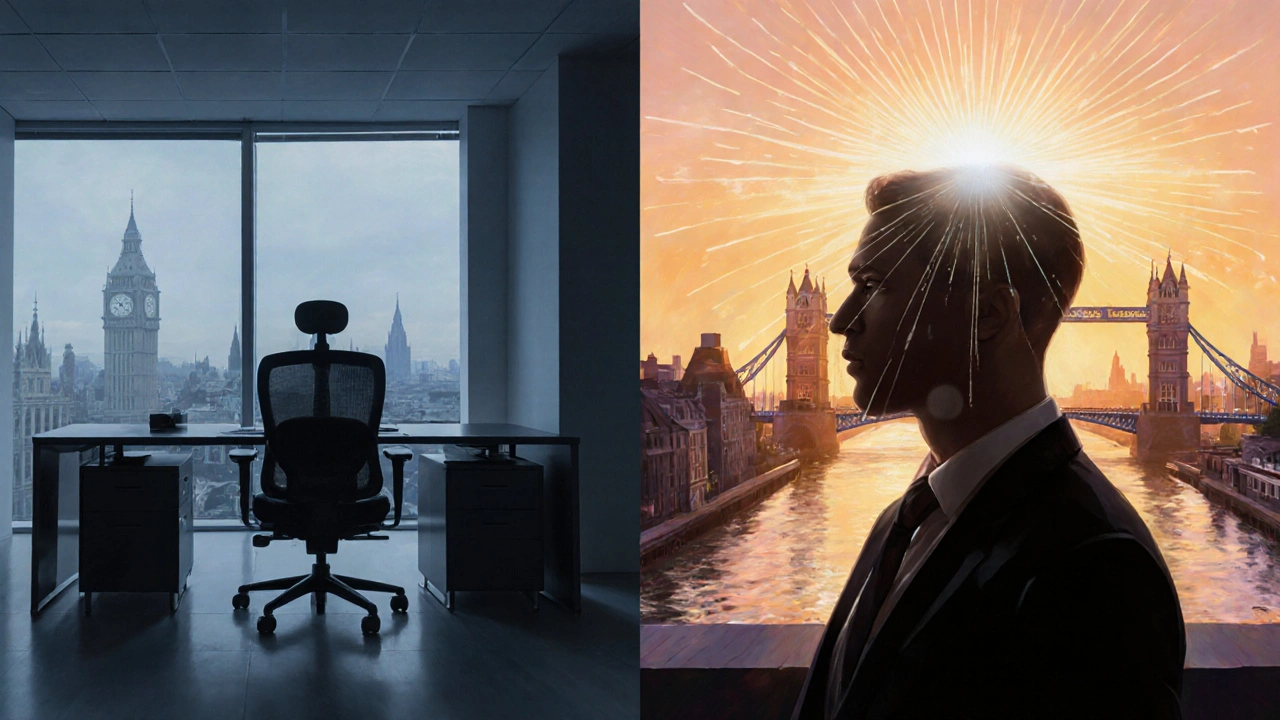 Office chair head massage leading to relaxed professional on rooftop.