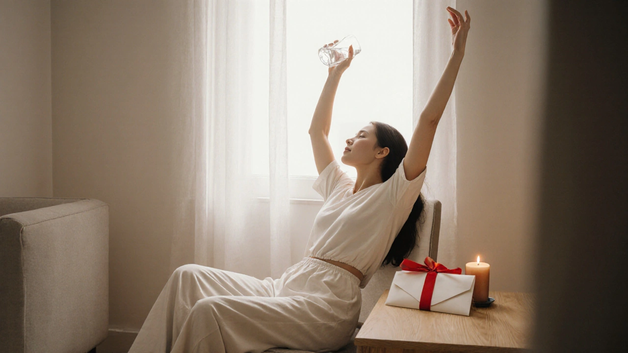 Person drinking water and stretching at home with a gift envelope nearby.