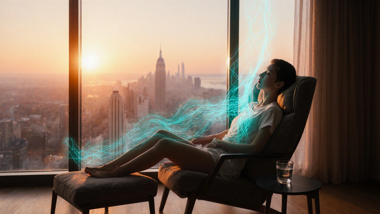 Person relaxing post‑massage with feet elevated, water glass nearby, warm light and subtle circulation glow.