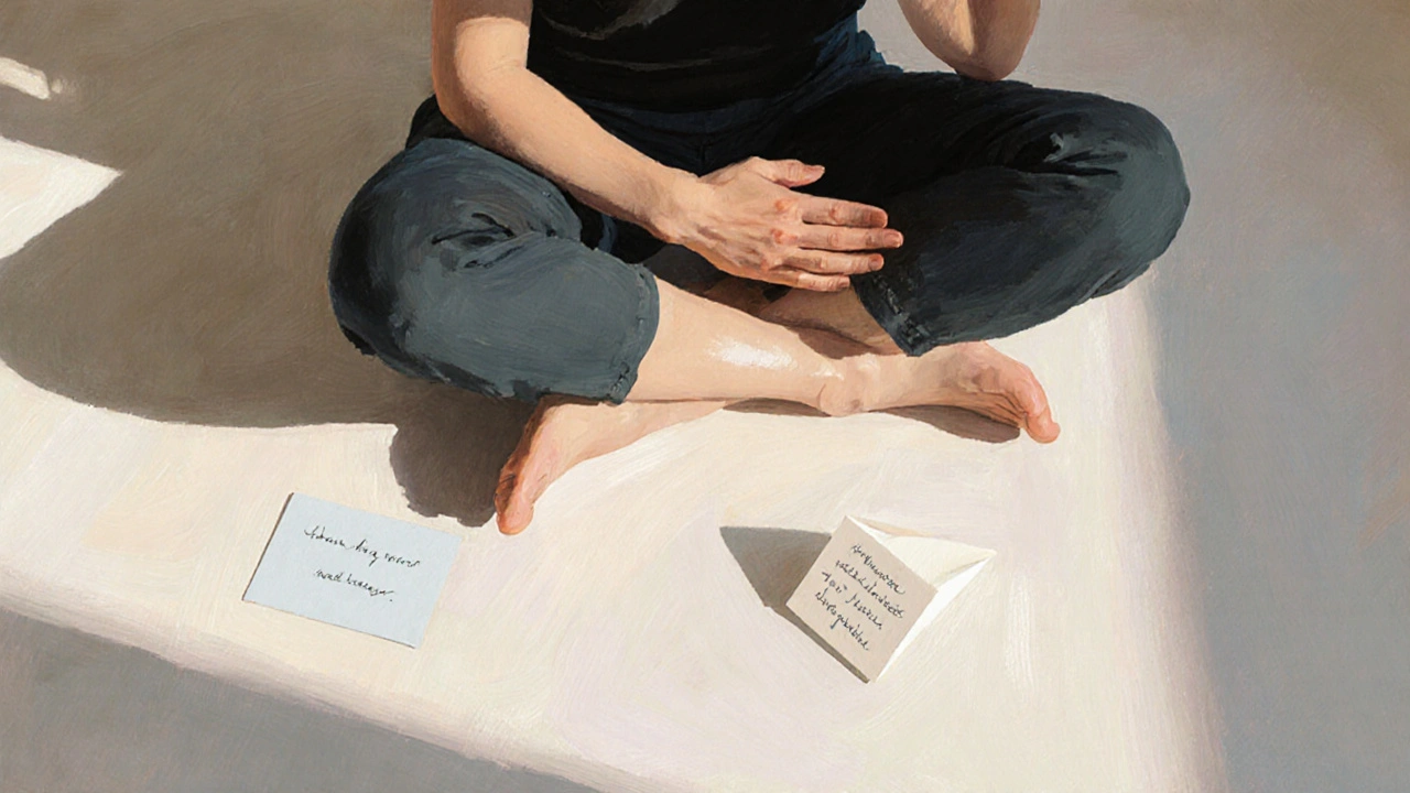 Person sitting quietly after a massage, breathing deeply, with a gift card nearby in a peaceful room.