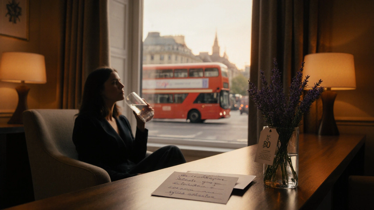 Relaxed client in a London spa reception holding water, with a window showing a double‑decker bus.
