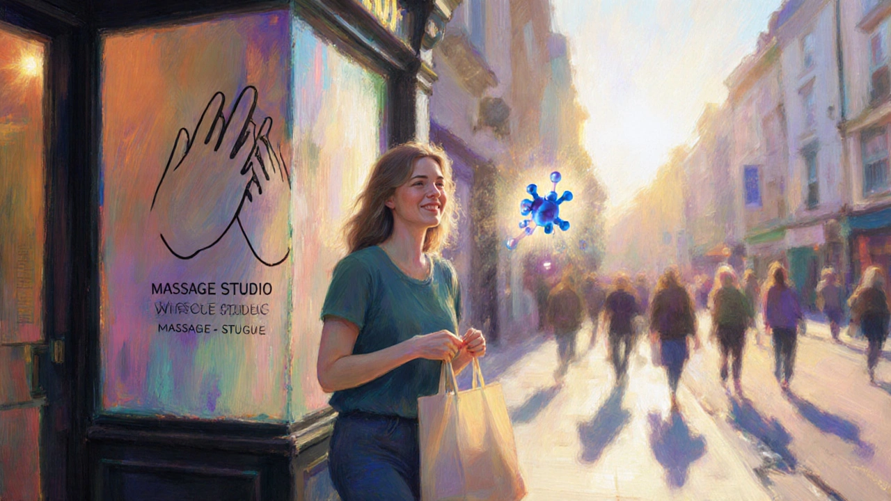 Relaxed person leaving a massage studio into a bustling London street.