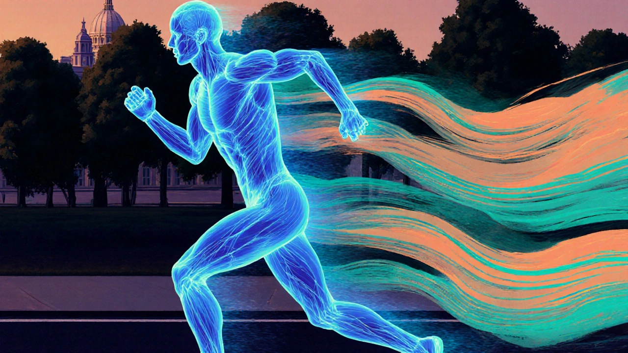 Runner depicted with glowing muscles and light trails, symbolizing recovery and performance boost.