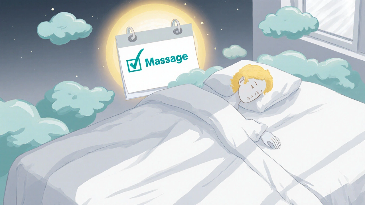 Sleeping person in a minimalist room with a golden halo and cool clouds indicating improved sleep.