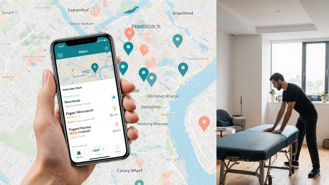 Soft map of London with studio locations and a therapist setting up a mobile massage session.