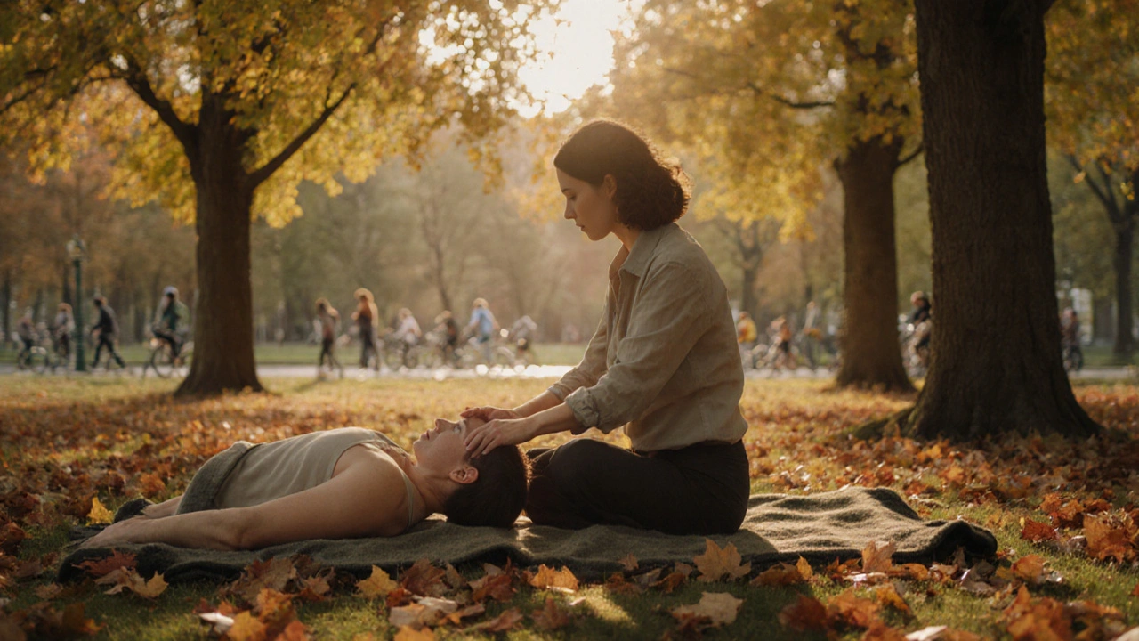 Someone getting a head massage on a blanket in Hyde Park during autumn, surrounded by falling leaves, peaceful atmosphere.