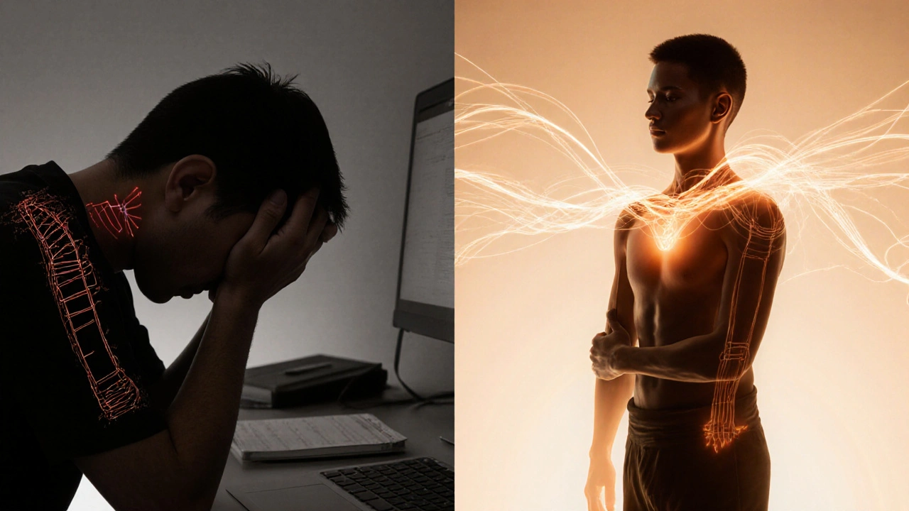 Split image showing stress-induced posture transforming into relaxed, grounded posture with glowing energy lines after Thai massage.