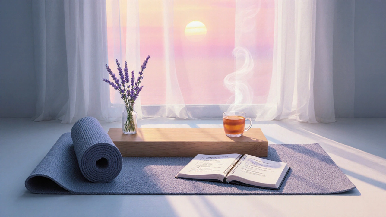 Sunlit bedroom with a journal, tea, and lavender after a relaxing session.
