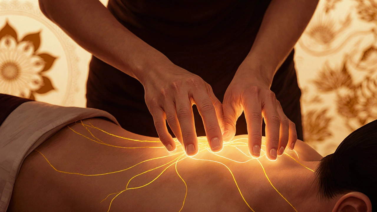 Therapist applying pressure along glowing energy lines on a client&#039;s foot during Thai massage.