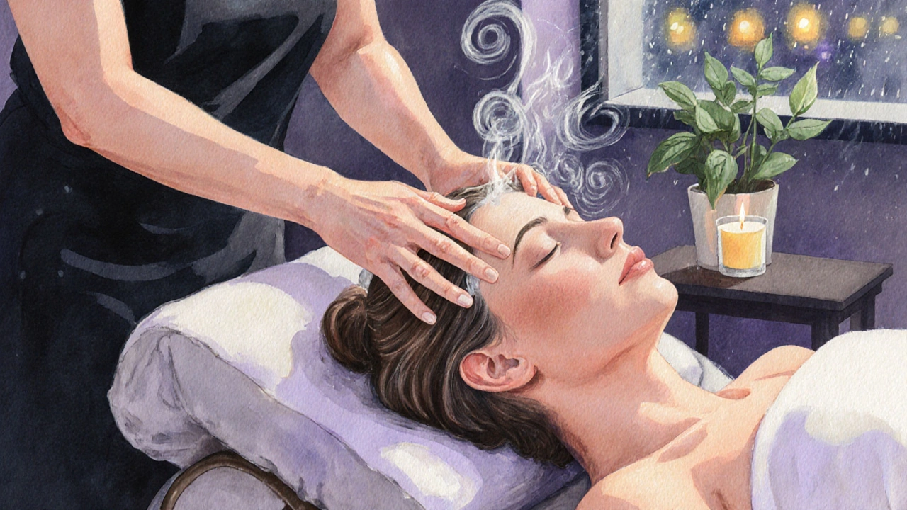 Therapist giving a head massage with lavender oil in a dim spa.