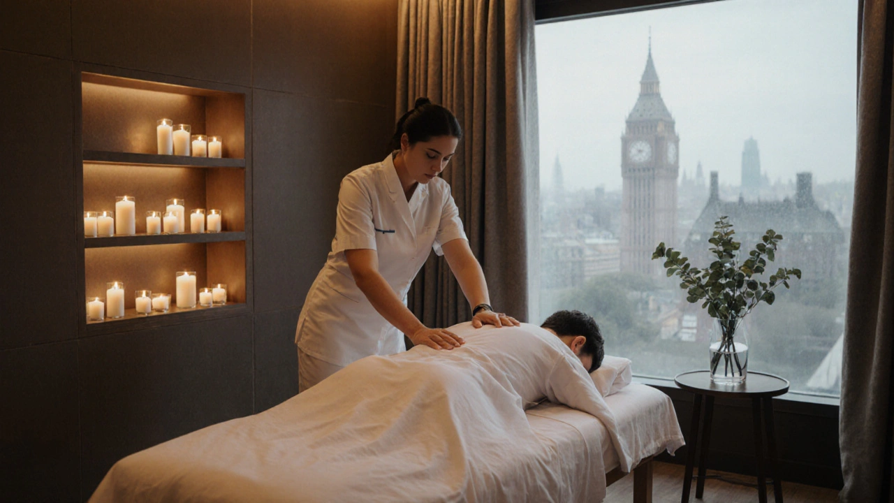 Therapist massaging a client in a warm, candlelit London spa.