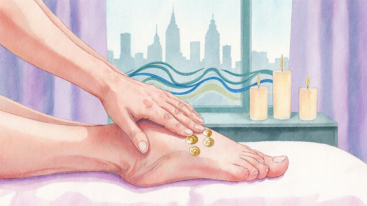 Therapist massaging client's feet on a spa table, showing reflexology points and gentle strokes.