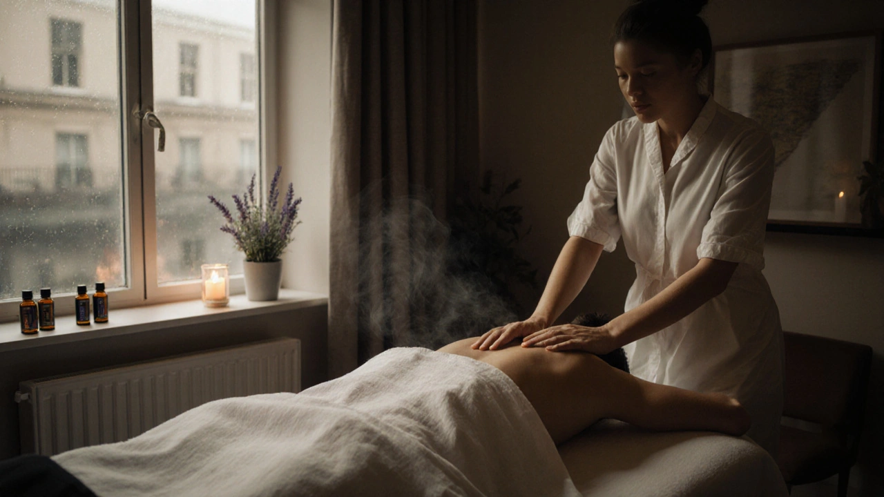 Therapist performing a Swedish massage in a calm, lavender‑scented studio.