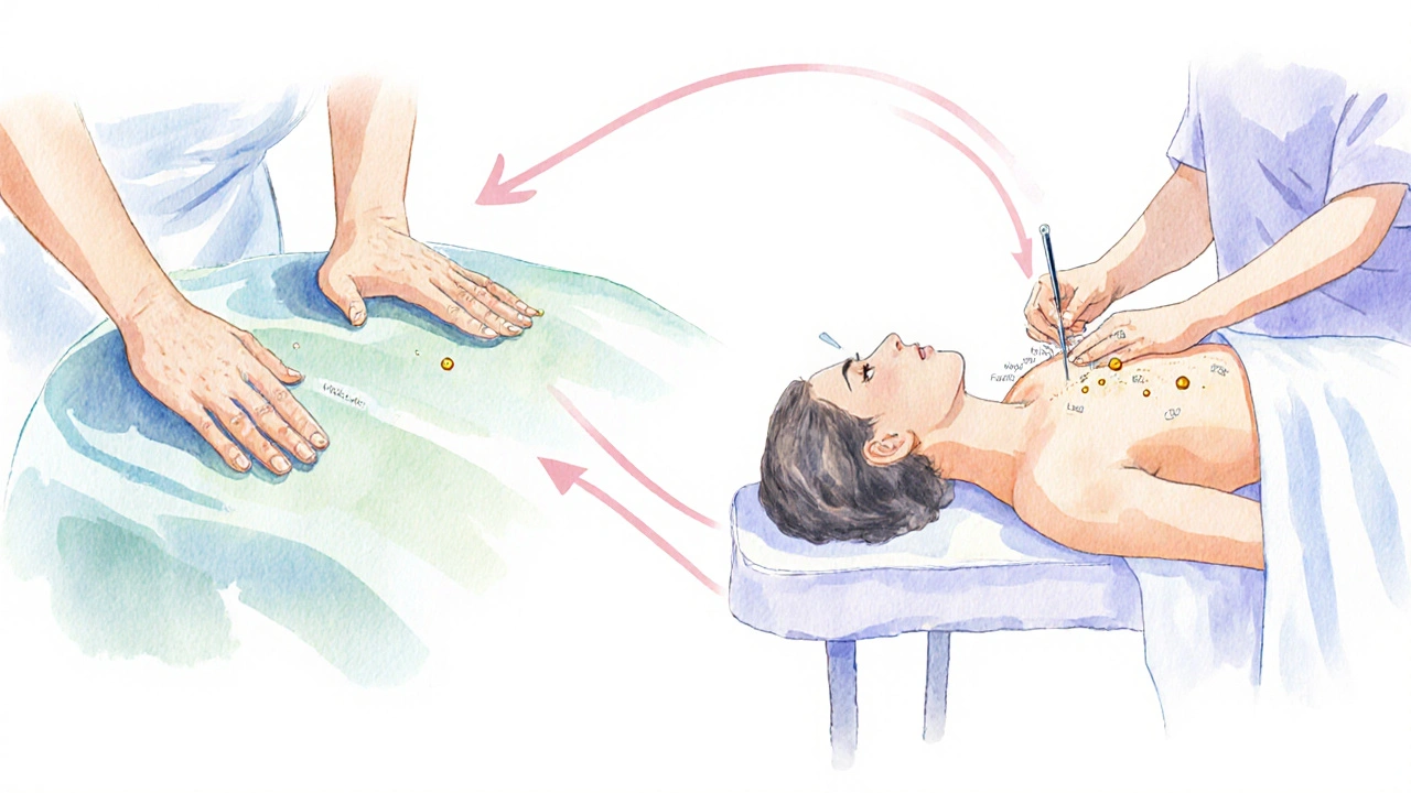 Therapist performing Swedish massage strokes and placing acupuncture needles on a client’s back.