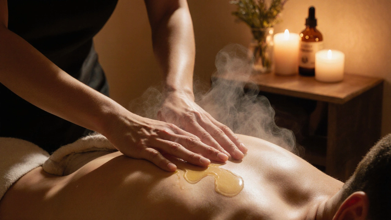 Therapist performing Swedish strokes and light abdominal sweep with aromatic oil in warm spa.