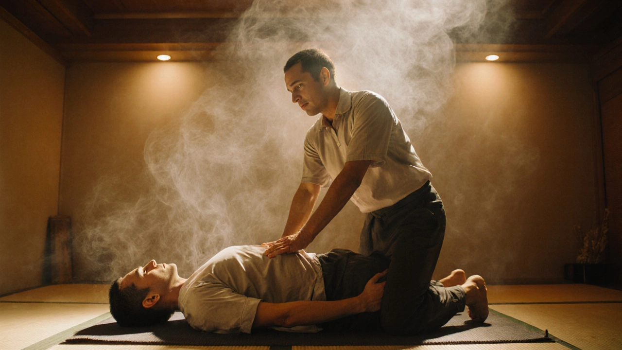 Therapist performs assisted yoga stretch on a mat during a Thai massage session.