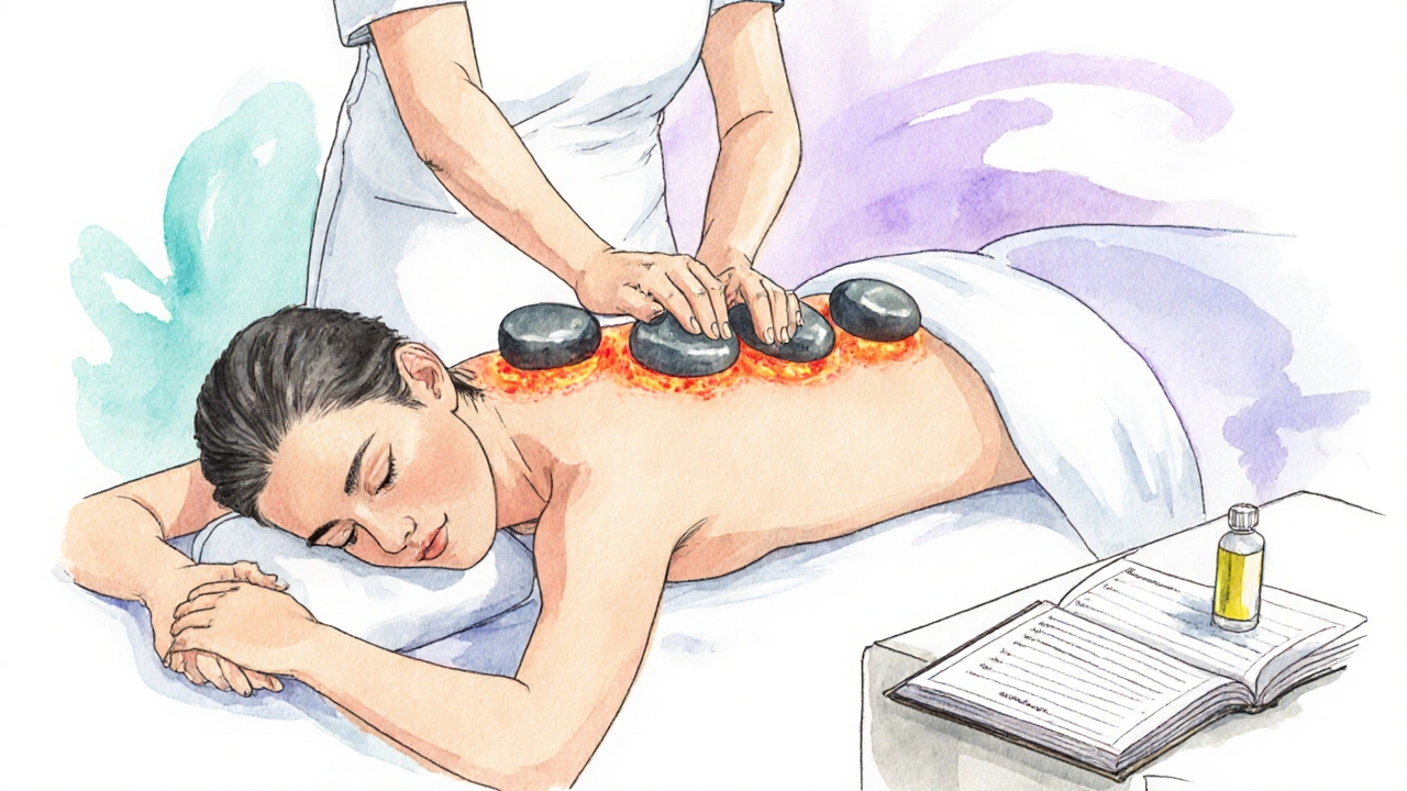 Therapist placing a warm stone on a client during a hot stone massage.