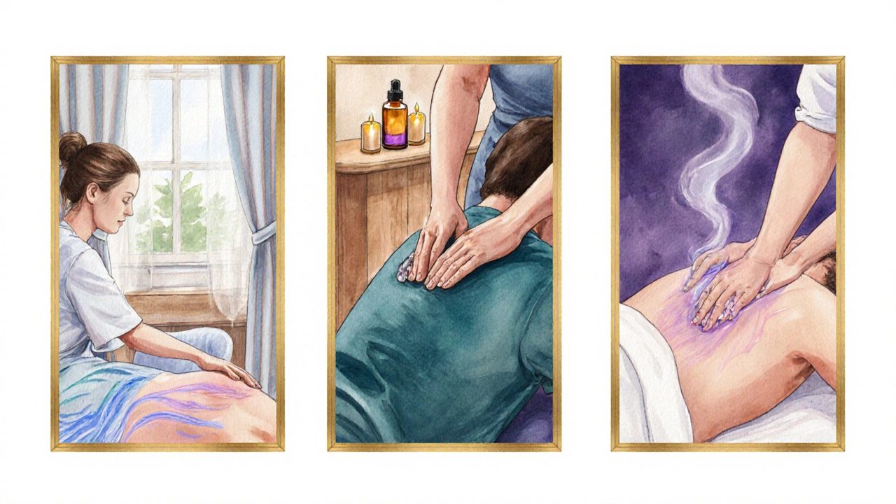 Three watercolor panels showing Swedish, deep‑tissue, and aromatherapy massages in a spa setting.