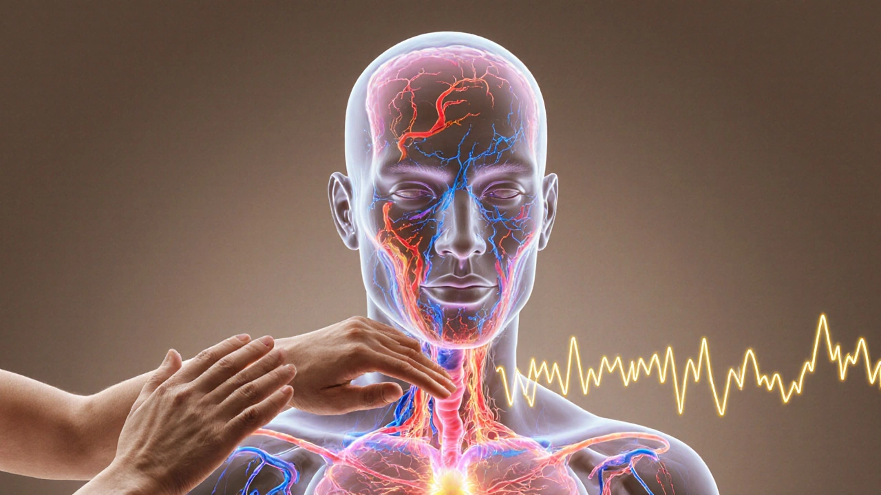 Transparent human body illustration showing increased blood flow and calming neural signals during massage.