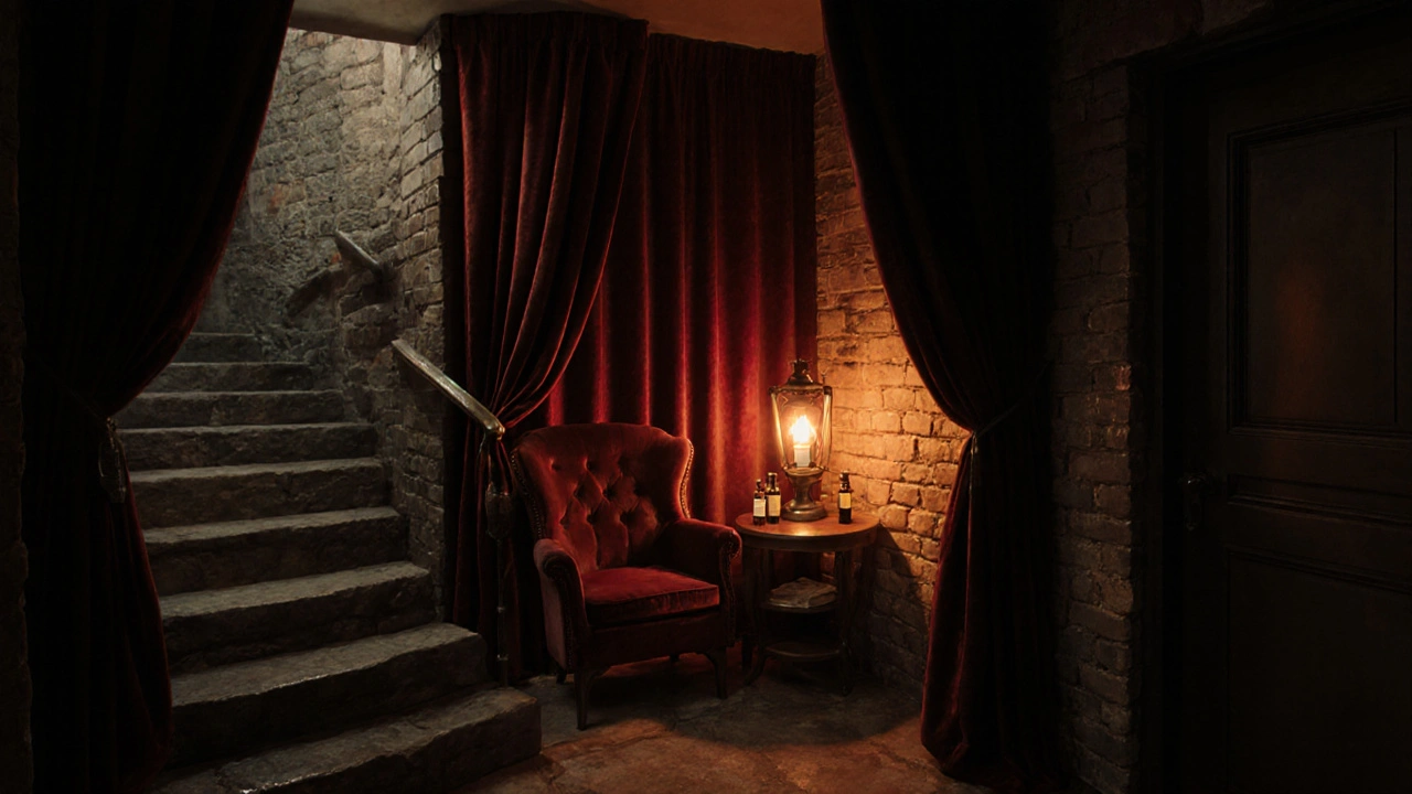 Underground spa chamber with velvet curtains and soft amber lighting.