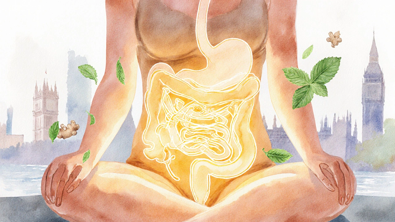 Watercolor of relaxed person with highlighted gut and swirling energy patterns after massage.