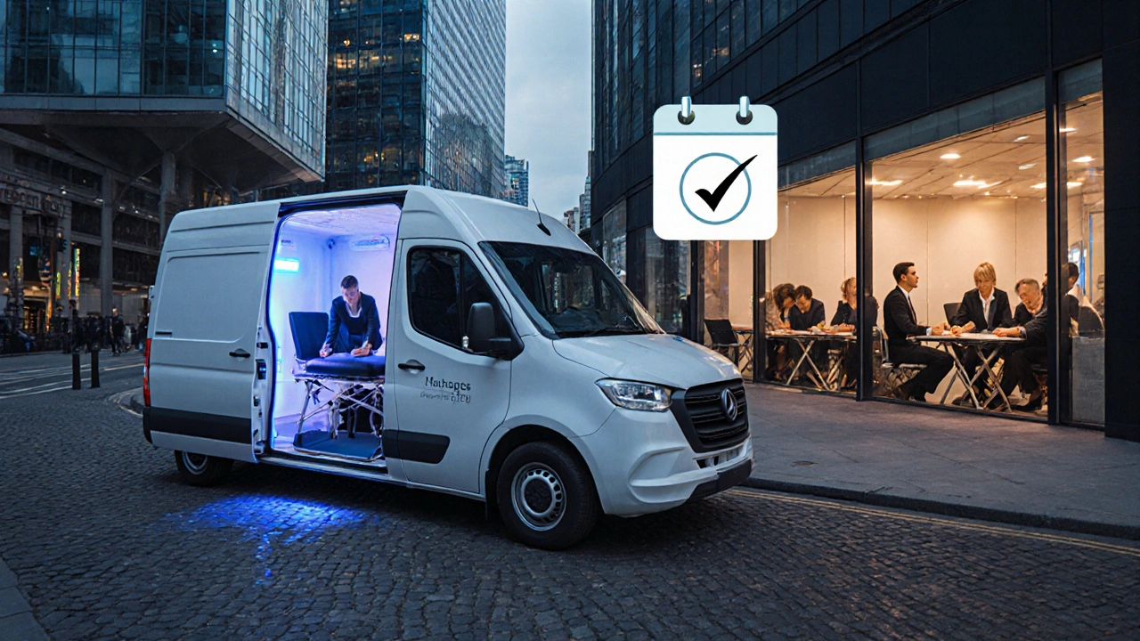 White mobile therapy van beside Canary Wharf towers with office workers stretching nearby.